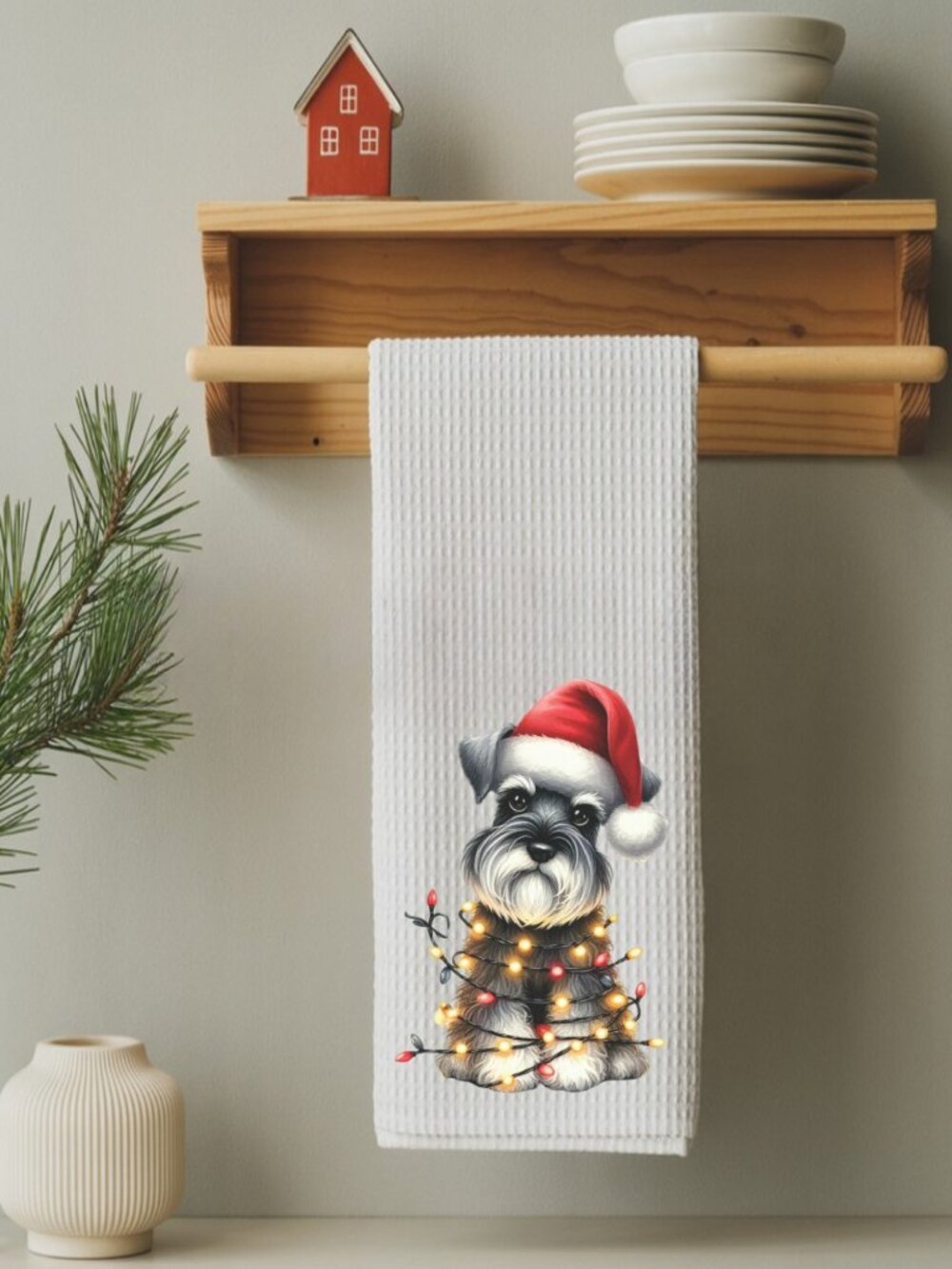 Miniature Schnauzer Christmas Lights Decorative Kitchen Tea Towel